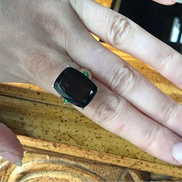 Genuine Smoky Quartz Chrome Diopside Sterling Silver Cocktail Ring Size 8 - Picture 6 of 8
